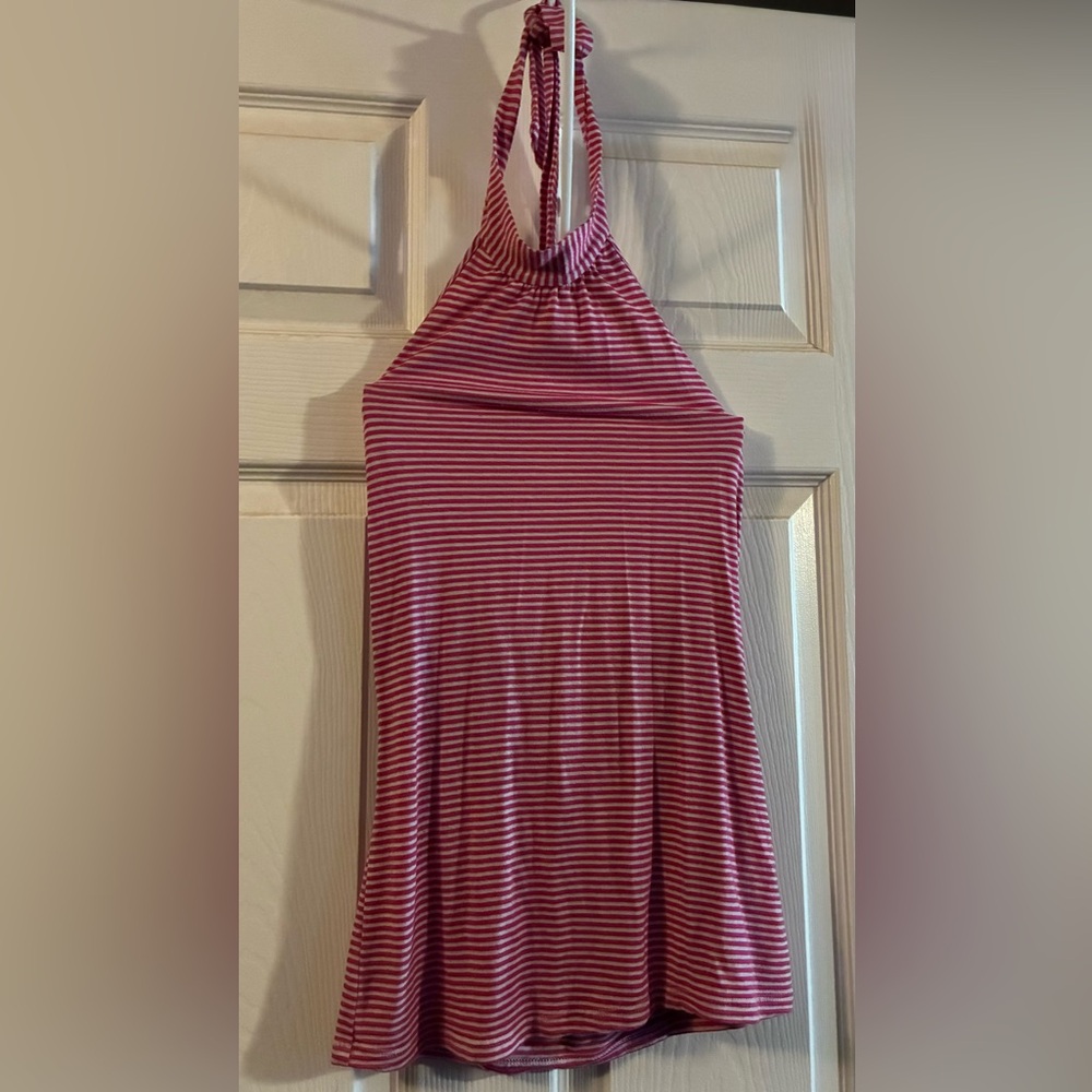 Striped Halter Top in Candy Pink and White with Low Back and Flowy Bottom
